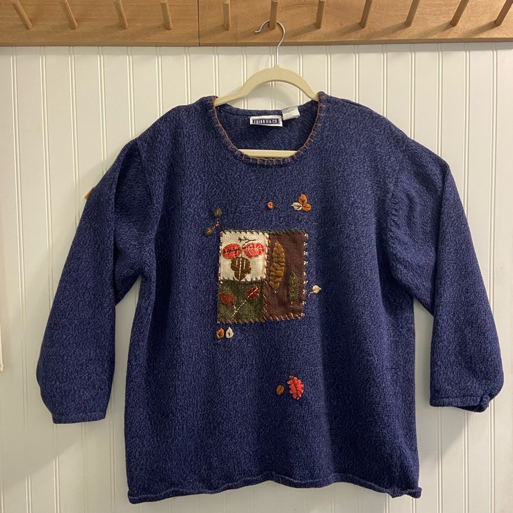 Erica II & Co Vintage 90s Autumn Fall Leaves Knit Sweater Raime Cotton Navy 2X